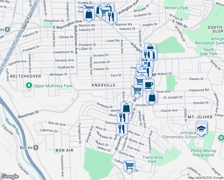 map of restaurants, bars, coffee shops, grocery stores, and more near 259 Bausman Street in Pittsburgh