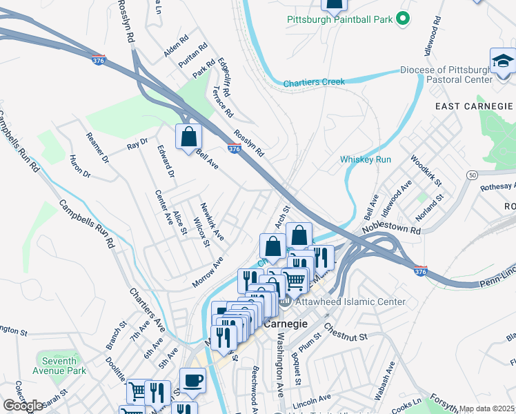 map of restaurants, bars, coffee shops, grocery stores, and more near 528 Morrow Avenue in Carnegie