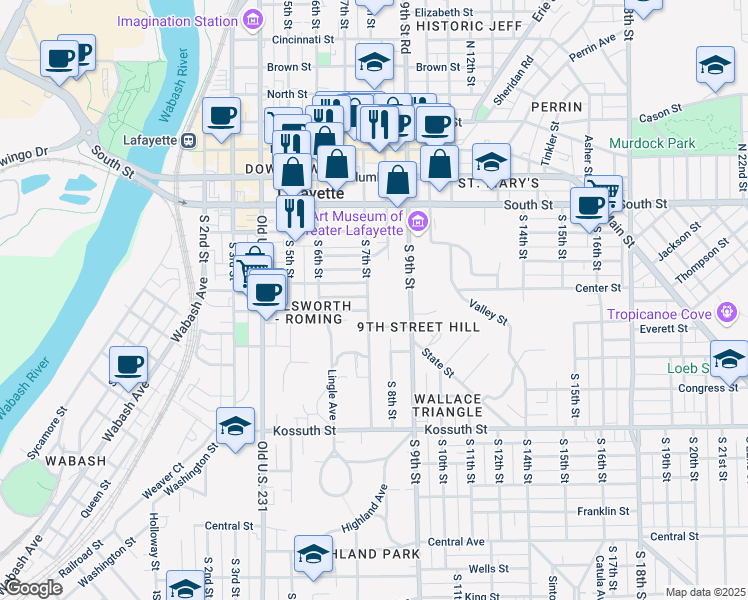 map of restaurants, bars, coffee shops, grocery stores, and more near 302 South 9th Street in Lafayette
