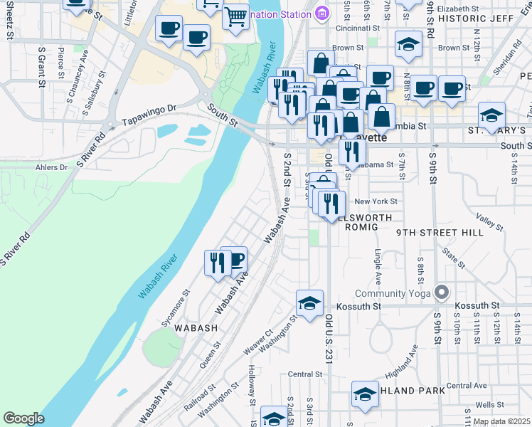 map of restaurants, bars, coffee shops, grocery stores, and more near 102 Walnut St in Lafayette
