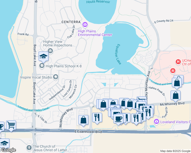 map of restaurants, bars, coffee shops, grocery stores, and more near 4655 Hahns Peak Drive in Loveland