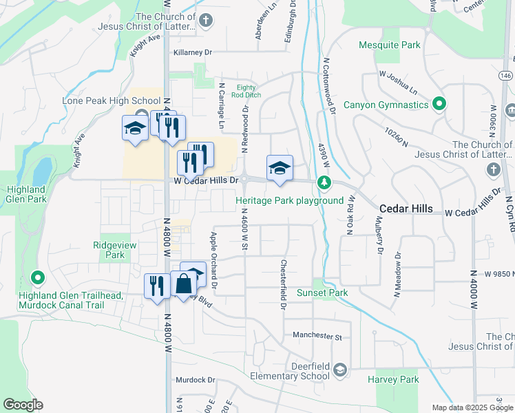 map of restaurants, bars, coffee shops, grocery stores, and more near 10026 North 4600 West Street in Cedar Hills