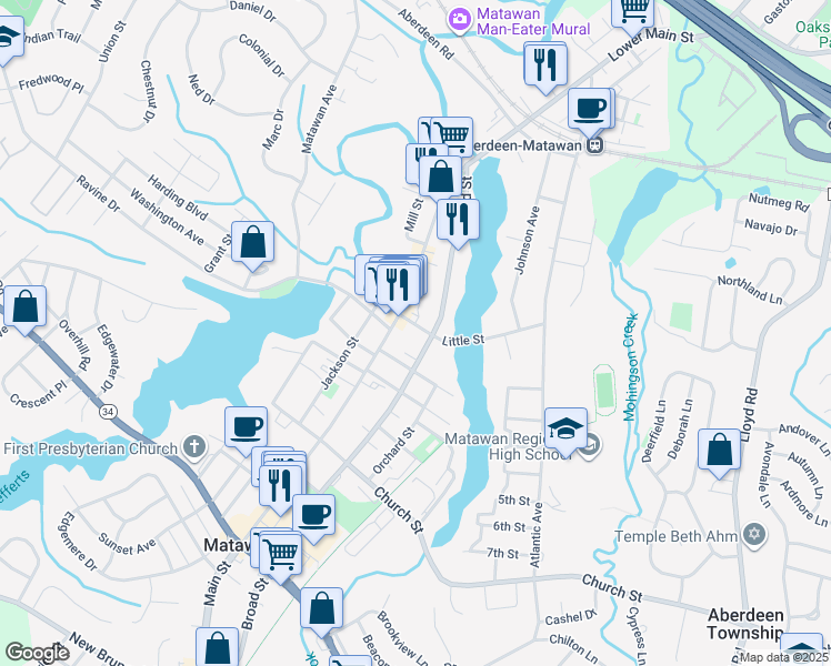 map of restaurants, bars, coffee shops, grocery stores, and more near in Matawan