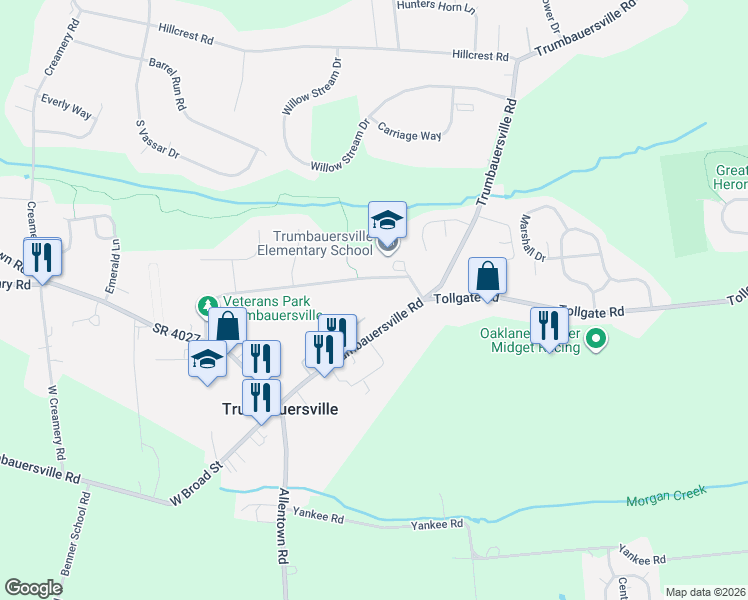 map of restaurants, bars, coffee shops, grocery stores, and more near 247 East Broad Street in Quakertown