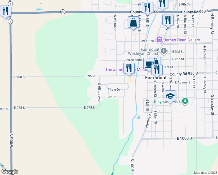 map of restaurants, bars, coffee shops, grocery stores, and more near 551 Circle Drive in Fairmount