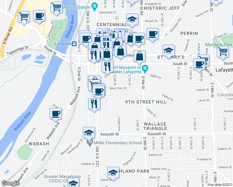 map of restaurants, bars, coffee shops, grocery stores, and more near 309 South 6th Street in Lafayette