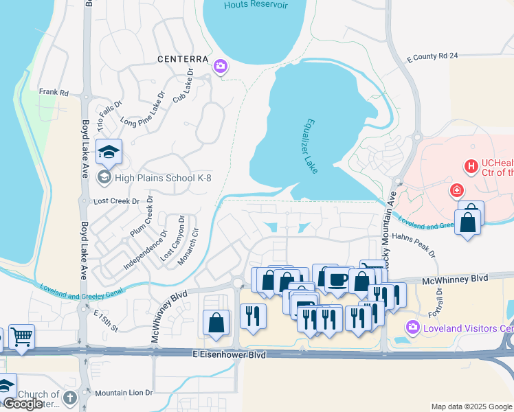 map of restaurants, bars, coffee shops, grocery stores, and more near 4665 Hahns Peak Drive in Loveland