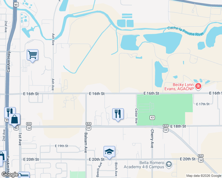 map of restaurants, bars, coffee shops, grocery stores, and more near 821 East 16th Street in Greeley