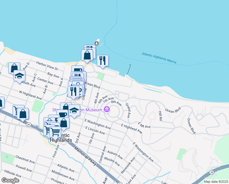 map of restaurants, bars, coffee shops, grocery stores, and more near 62 Ocean Boulevard in Atlantic Highlands