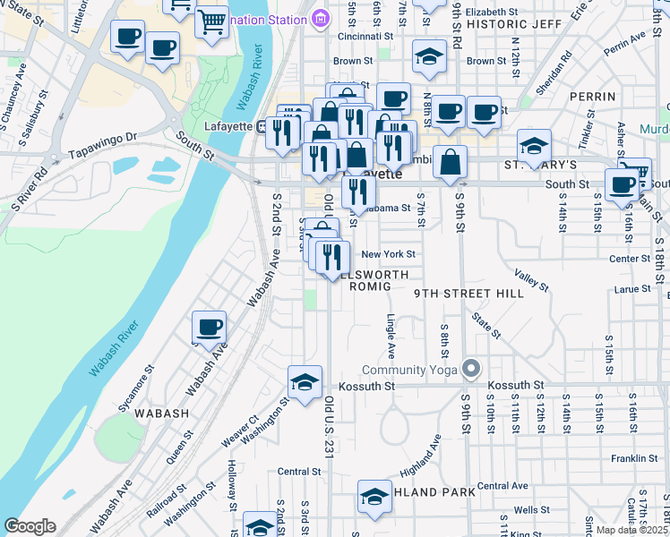 map of restaurants, bars, coffee shops, grocery stores, and more near 239 South 4th Street in Lafayette