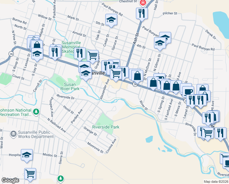 map of restaurants, bars, coffee shops, grocery stores, and more near 147-161 S Ash St in Susanville