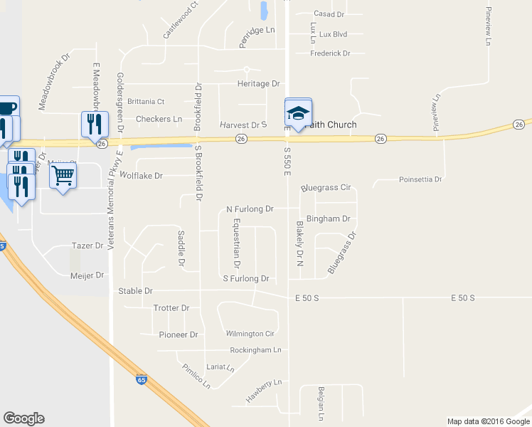 map of restaurants, bars, coffee shops, grocery stores, and more near 117 N Furlong Dr in Lafayette