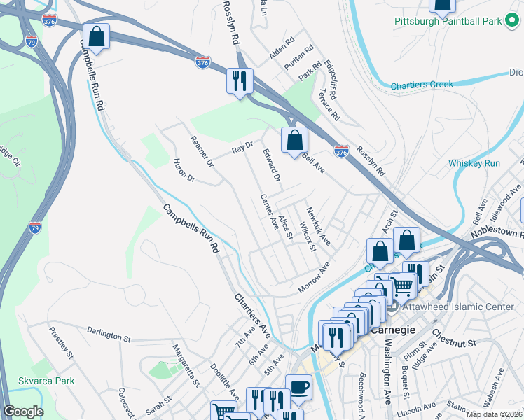 map of restaurants, bars, coffee shops, grocery stores, and more near 510 Center Avenue in Carnegie