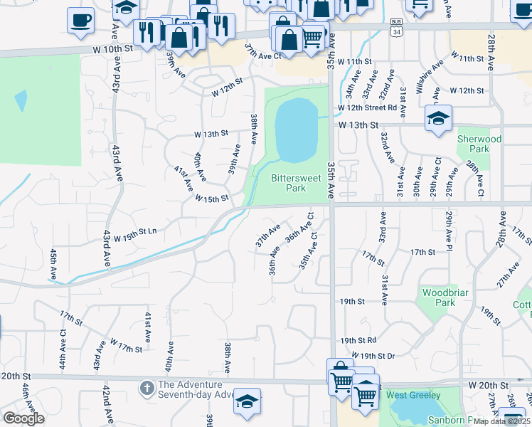 map of restaurants, bars, coffee shops, grocery stores, and more near 3711 West 16th Street Road in Greeley