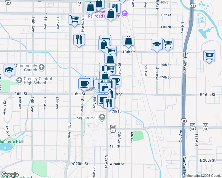 map of restaurants, bars, coffee shops, grocery stores, and more near 1540 8th Avenue in Greeley