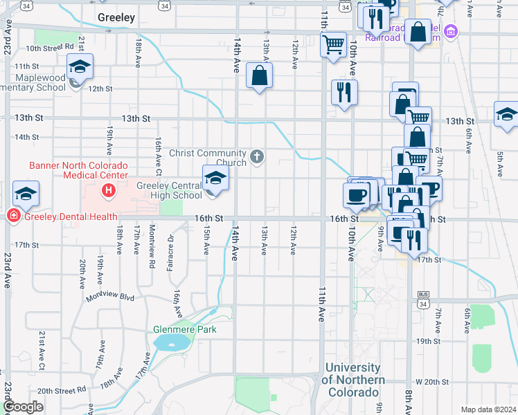 map of restaurants, bars, coffee shops, grocery stores, and more near 1533 13th Avenue in Greeley