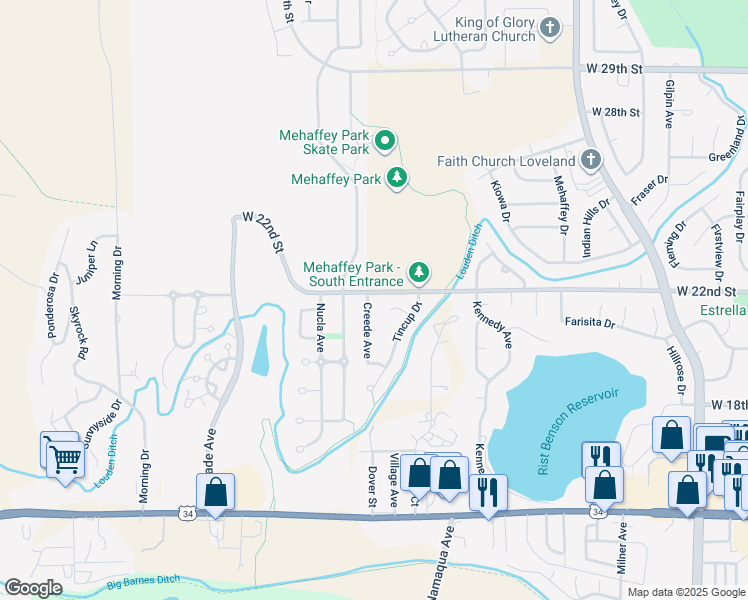 map of restaurants, bars, coffee shops, grocery stores, and more near 2172 Creede Avenue in Loveland