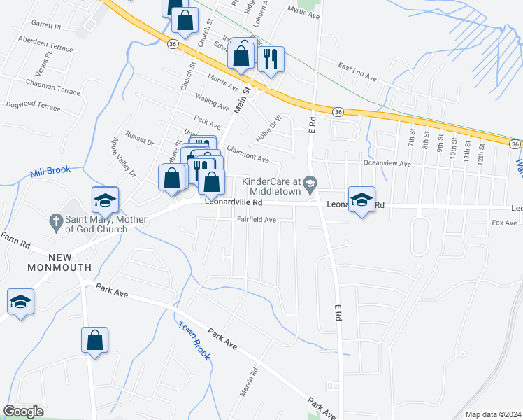 map of restaurants, bars, coffee shops, grocery stores, and more near 162 Leonardville Road in Belford