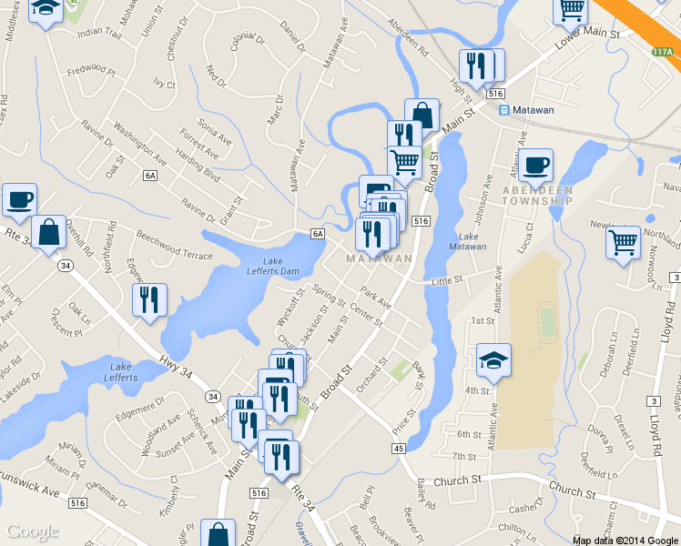 map of restaurants, bars, coffee shops, grocery stores, and more near 1 Fountain Avenue in Matawan