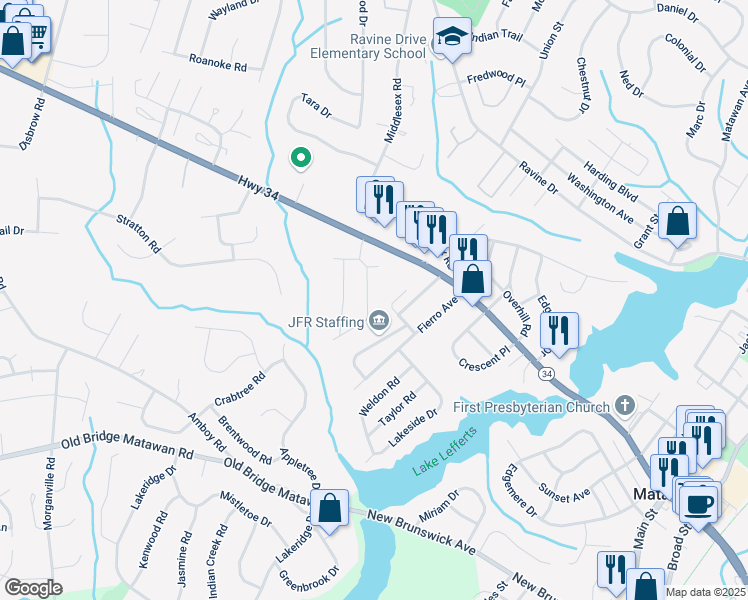 map of restaurants, bars, coffee shops, grocery stores, and more near 123 Lexington Circle in Matawan