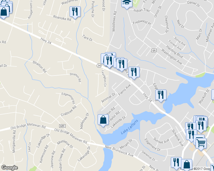map of restaurants, bars, coffee shops, grocery stores, and more near 123 Lexington Circle in Matawan