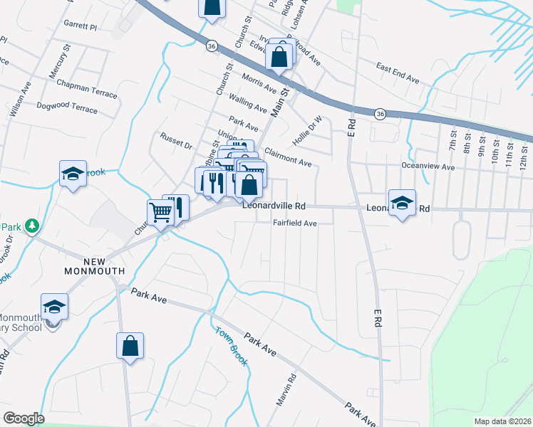 map of restaurants, bars, coffee shops, grocery stores, and more near 132 Leonardville Road in Belford