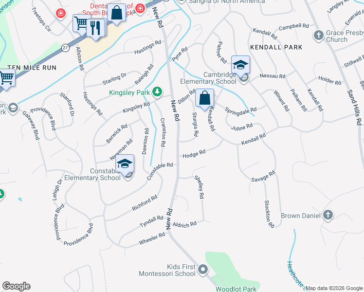 map of restaurants, bars, coffee shops, grocery stores, and more near 71 New Road in South Brunswick Township