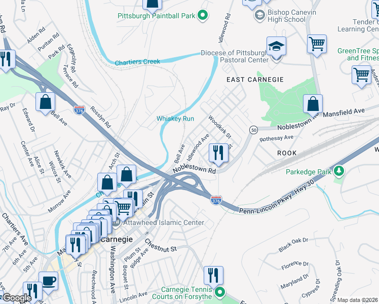 map of restaurants, bars, coffee shops, grocery stores, and more near 652 Bell Avenue in Carnegie
