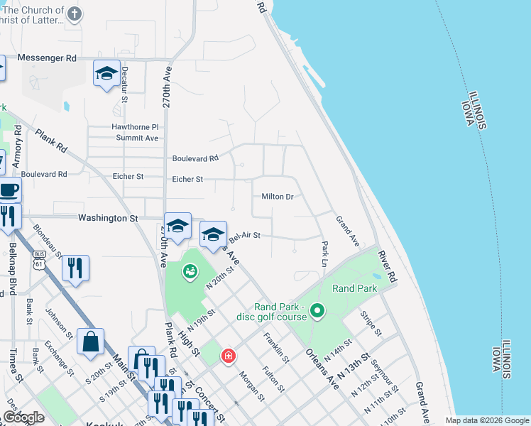 map of restaurants, bars, coffee shops, grocery stores, and more near 939 Milton Drive in Keokuk