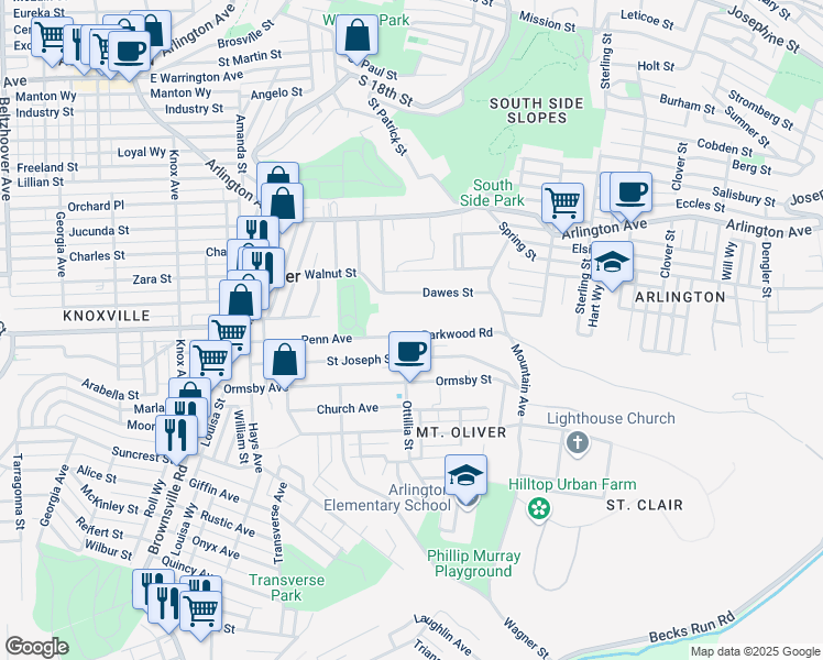 map of restaurants, bars, coffee shops, grocery stores, and more near 405 Parkwood Road in Pittsburgh