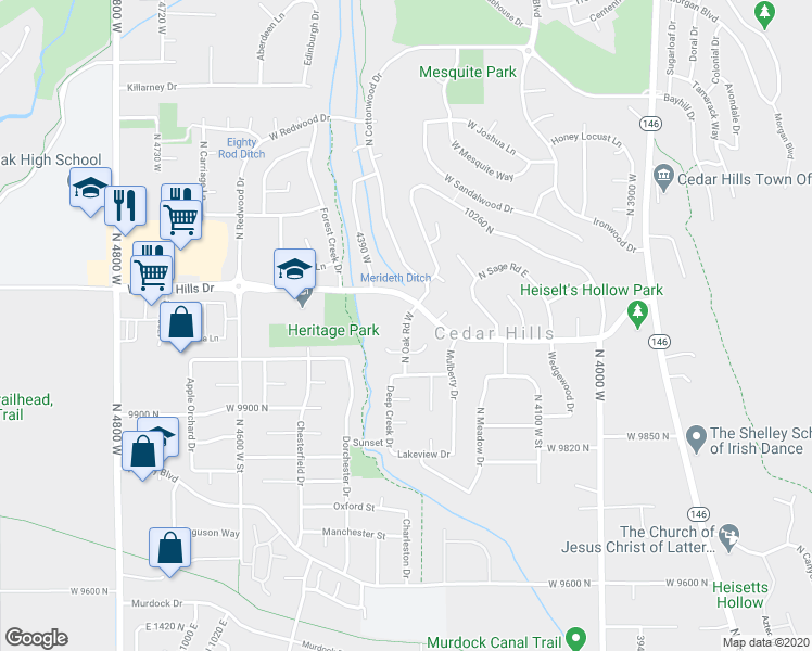 map of restaurants, bars, coffee shops, grocery stores, and more near 10031 North Oak Road West in Cedar Hills