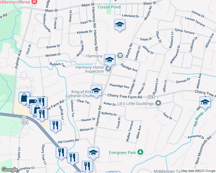 map of restaurants, bars, coffee shops, grocery stores, and more near 253 Harmony Road in Middletown Township