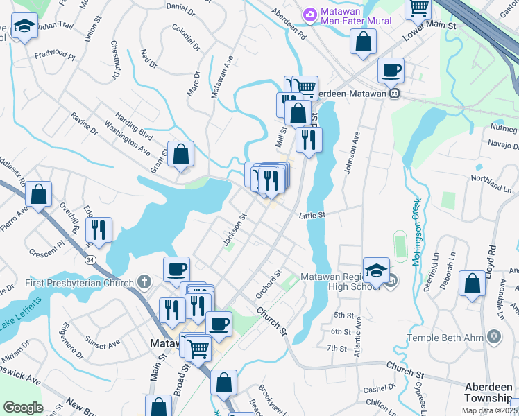 map of restaurants, bars, coffee shops, grocery stores, and more near 140 Main Street in Matawan
