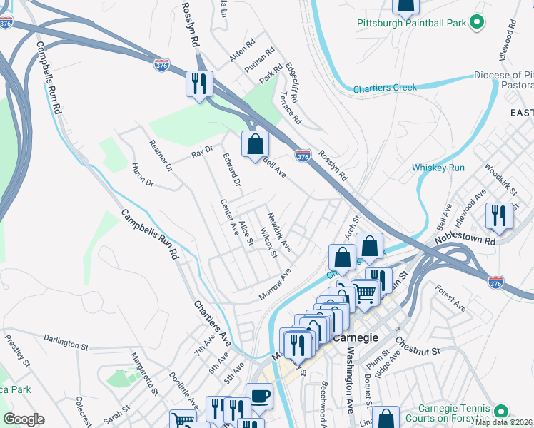 map of restaurants, bars, coffee shops, grocery stores, and more near 515 Maryland Avenue in Carnegie
