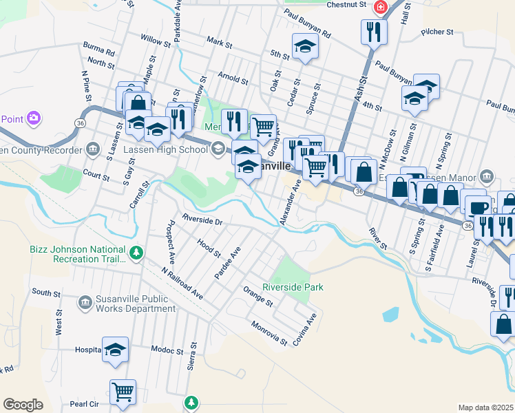 map of restaurants, bars, coffee shops, grocery stores, and more near 135 Foss Street in Susanville