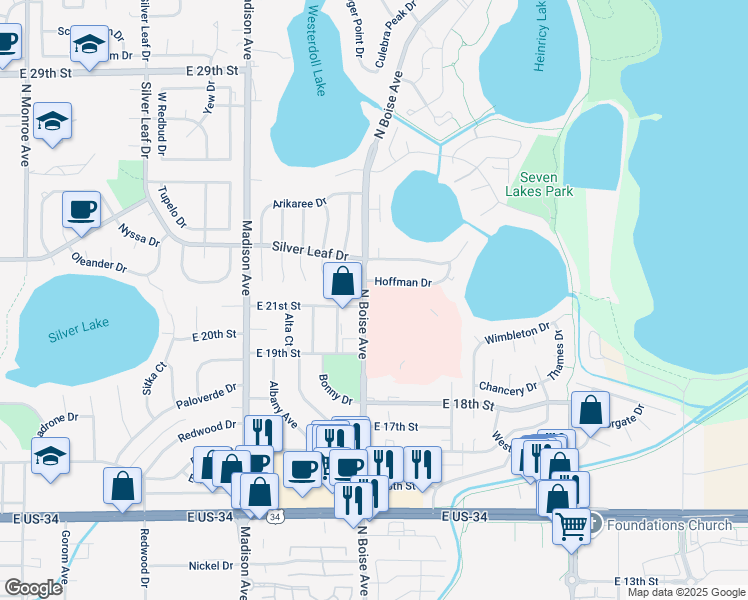 map of restaurants, bars, coffee shops, grocery stores, and more near 1632 Hoffman Drive in Loveland