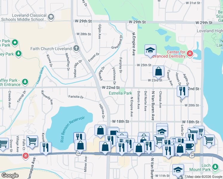 map of restaurants, bars, coffee shops, grocery stores, and more near 2342 West 22nd Street in Loveland