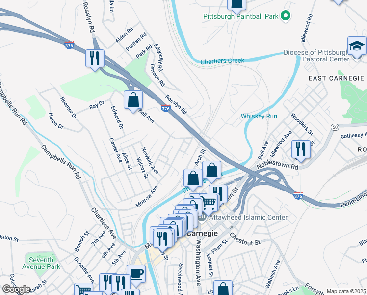map of restaurants, bars, coffee shops, grocery stores, and more near 528 Morrow Avenue in Carnegie