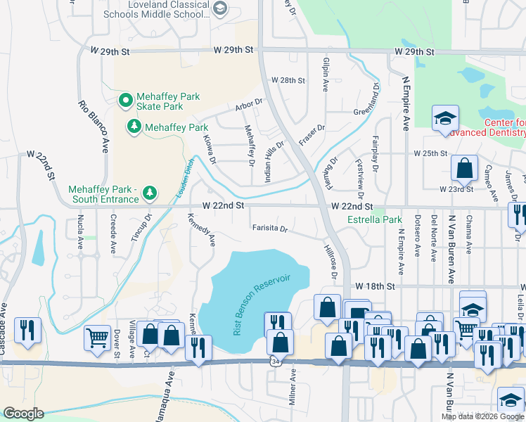 map of restaurants, bars, coffee shops, grocery stores, and more near 2778 West 22nd Street in Loveland