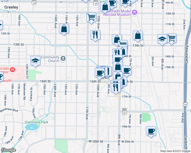 map of restaurants, bars, coffee shops, grocery stores, and more near 1027 16th Street in Greeley