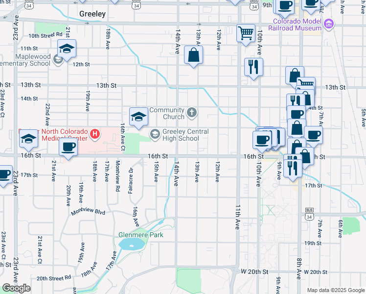 map of restaurants, bars, coffee shops, grocery stores, and more near 1528 14th Avenue in Greeley
