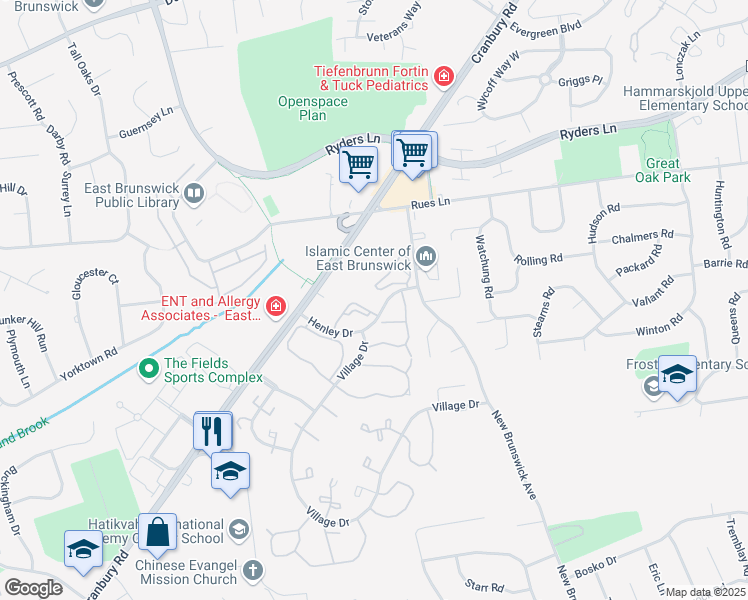 map of restaurants, bars, coffee shops, grocery stores, and more near 488 Danbury Lane in East Brunswick