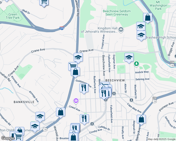 map of restaurants, bars, coffee shops, grocery stores, and more near 1340 Belasco Avenue in Pittsburgh