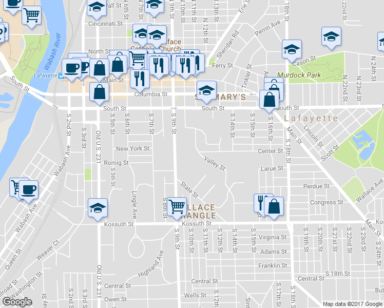 map of restaurants, bars, coffee shops, grocery stores, and more near 119 Valley Street in Lafayette