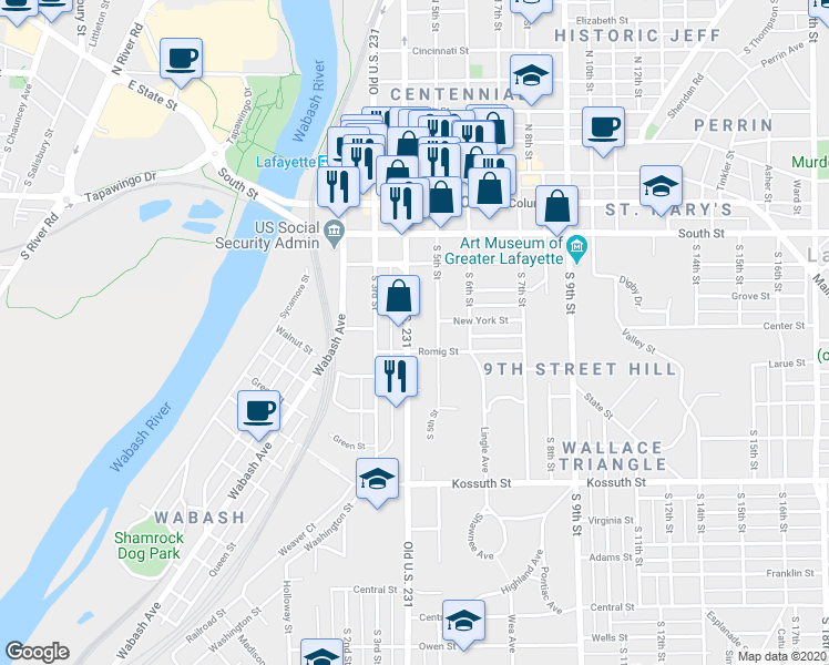 map of restaurants, bars, coffee shops, grocery stores, and more near 304 South 5th Street in Lafayette