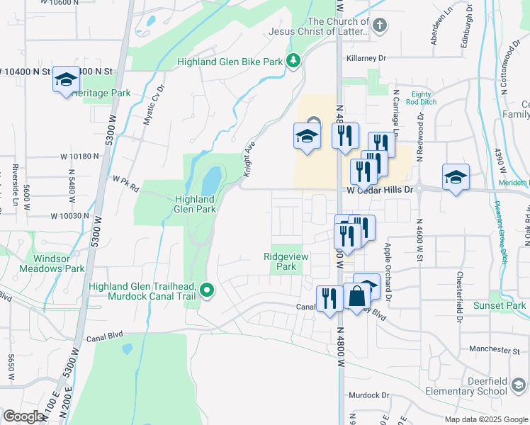 map of restaurants, bars, coffee shops, grocery stores, and more near 5056 West Green Ash Lane in Highland