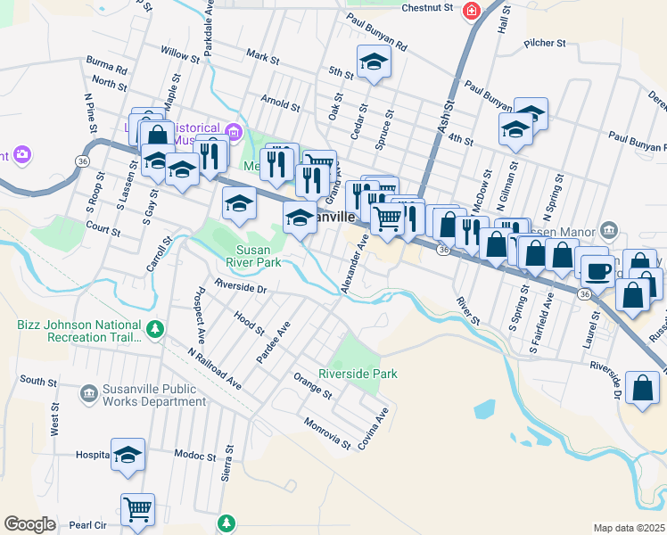 map of restaurants, bars, coffee shops, grocery stores, and more near 125 Small Street in Susanville