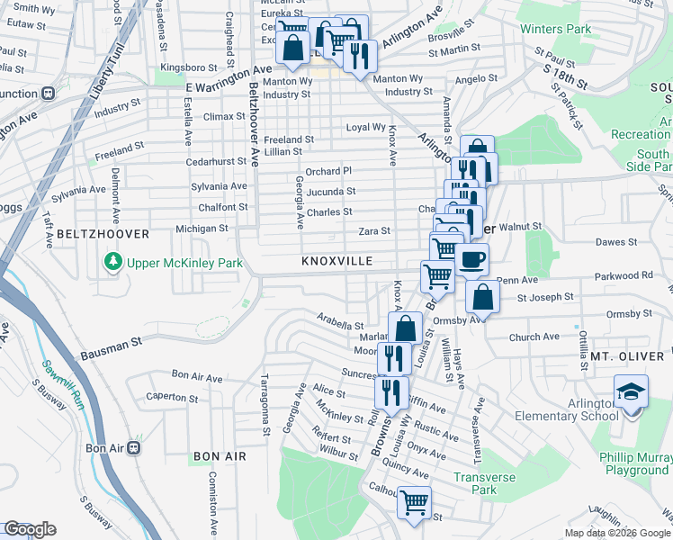 map of restaurants, bars, coffee shops, grocery stores, and more near 309 Bausman Street in Pittsburgh
