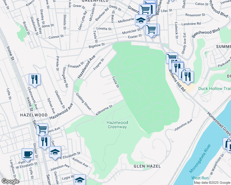 map of restaurants, bars, coffee shops, grocery stores, and more near 508 Prescott Street in Pittsburgh