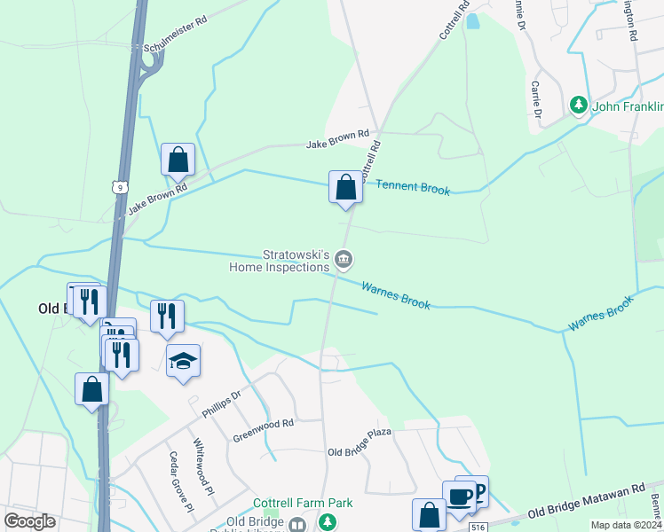 map of restaurants, bars, coffee shops, grocery stores, and more near 186 Cottrell Road in Matawan